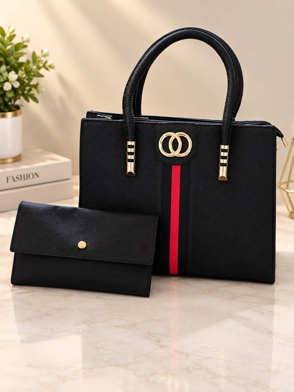 Classic Black Tote with Red Accent and Wallet